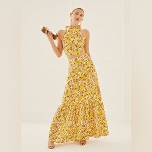 NWT Something Navy Floral Maxi Skirt & Halter top set Cream Yellow Multi